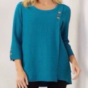 Soft Surroundings Womens Peacock Crinkle Gauze Kaari Tunic Top Size XL